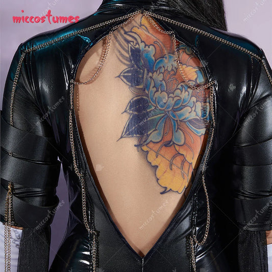 Miccostumes Women's Black Witch Cosplay Bodysuit PU Leather Halloween Costume