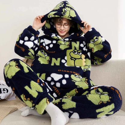 Adult Winter Thicken Sleepwear Pajamas Set Women Coral Fleece Pyjama Cartoon Deer Panda Hooded Homewear Loungewear Pijamas Suit
