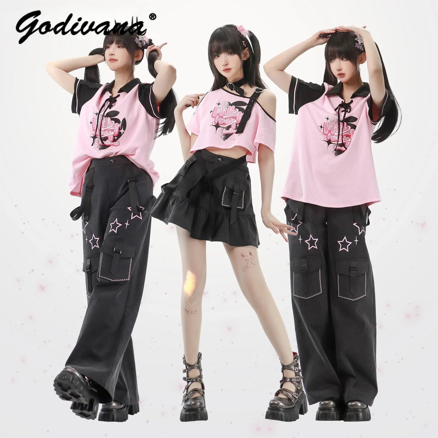 Black Pink Y2K Clothing Set Hot Girls Strapless Strap Short Sleeve T-shirt Slimming Jeans Long Pants Female 4 Piece Set Outfits SS69