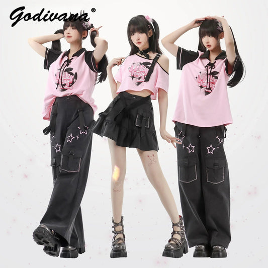 Black Pink Y2K Clothing Set Hot Girls Strapless Strap Short Sleeve T-shirt Slimming Jeans Long Pants Female 4 Piece Set Outfits SS69