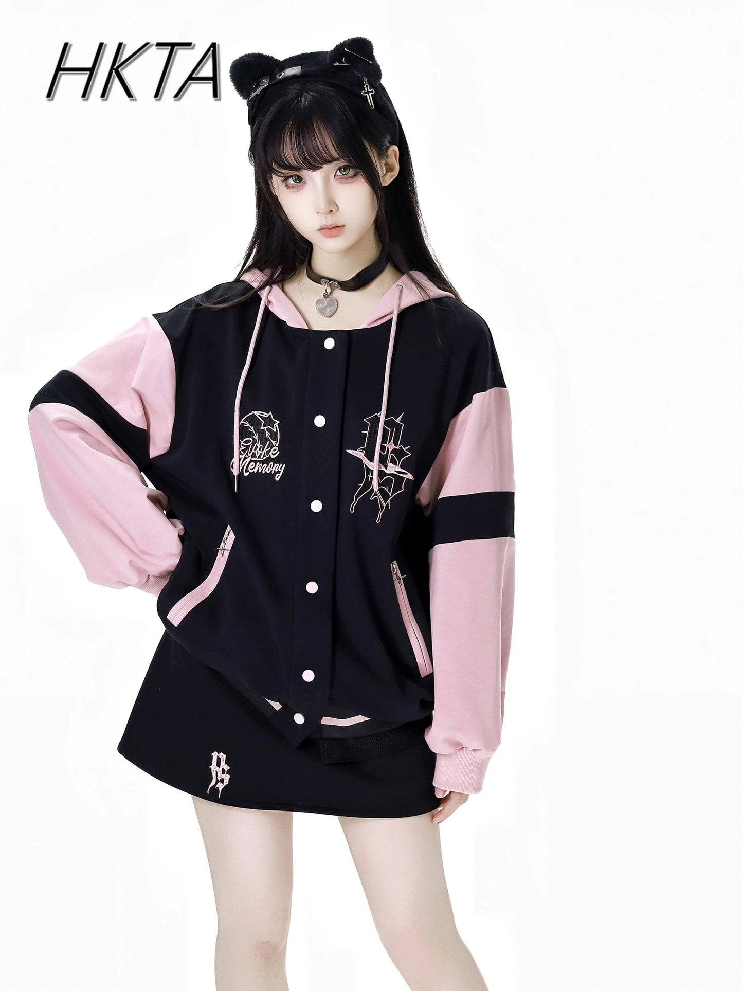 Sweet Cool Embroidery Pink Black Hoodies Baseball Slim Zipper Women Sweatshirt Jacket Loose Casual Trousers Sweet Mini Skirt Set SS69