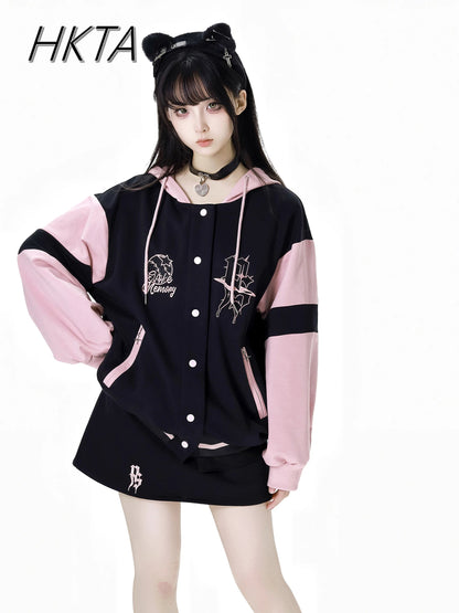 Sweet Cool Embroidery Pink Black Hoodies Baseball Slim Zipper Women Sweatshirt Jacket Loose Casual Trousers Sweet Mini Skirt Set SS69