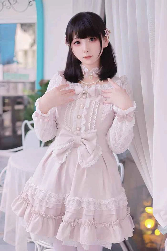 Japanese Liz Dresses Women Autumn New Girl's Sweet Cute Bud Mini Series Mass Production Angel Small Cake Dress Bow Lolita Dress