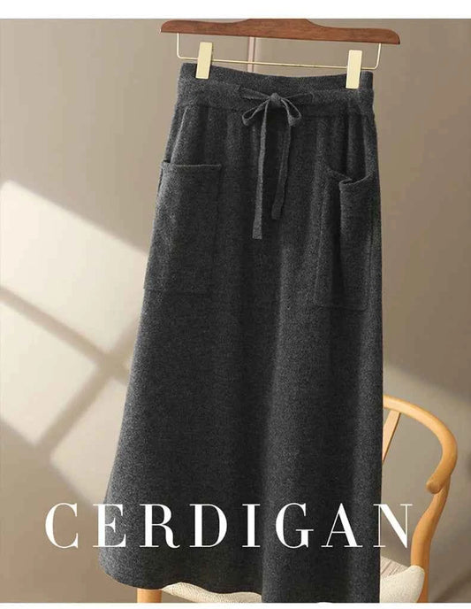 Autumn And Winter100% Pure Wool Skirt Women's Long Pocket Small A Skirt High Waist Slim Cashmere Knit A-Line Skirt
