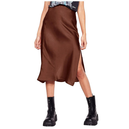 Korean Style Satin Skirt For Women Summer High Waisted Midi Skirt With Slit Solid Color Faldas Elegant Office Ladies Skirts SS69