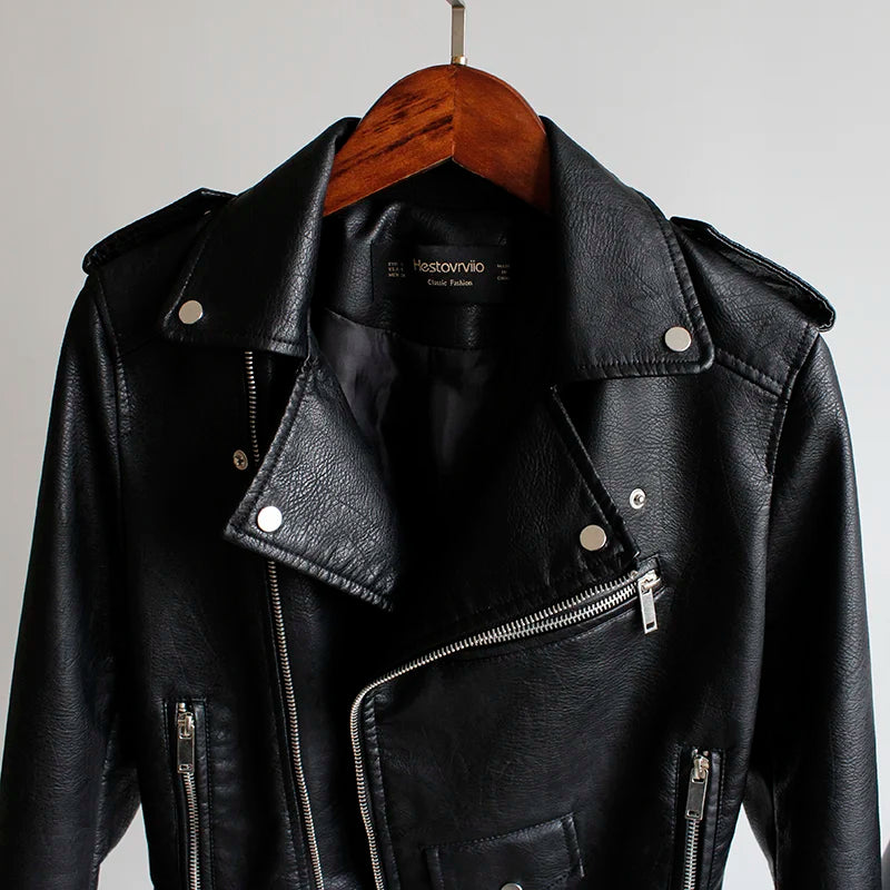 Women's PU Leather Motorcycle Jacket - Slim Fit, Turn-Down Collar
