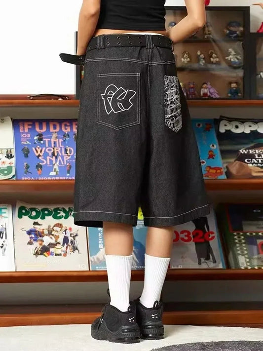 HOUZHOU Y2k Vintage Baggy Jeans Shorts Woman Streetwear Jorts Korean Harajuku Gothic Oversized Denim Pants Embroidery Summer SS69