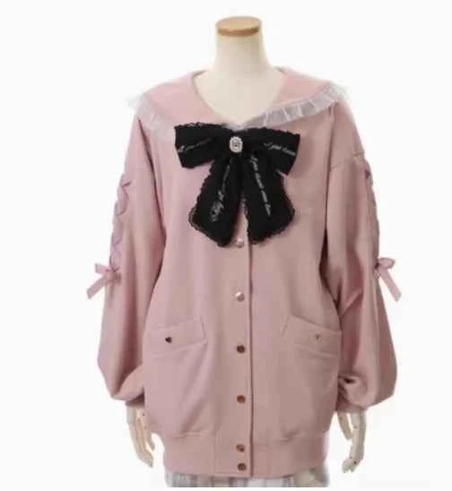 Japanese Liz Mine Mass-Produced Sailor Collar Ribbon Bow Sweet Hoodies Women Autumn Preppy Style Y2K Cute Oversized Sweatshirt