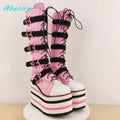 Star-Shaped Belt Buckle Knee High Boots Round Toe Platform Mixed Colors Women's Boots Cute Punk Zipper Patchwork Wedges Shoes