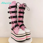 Star-Shaped Belt Buckle Knee High Boots Round Toe Platform Mixed Colors Women's Boots Cute Punk Zipper Patchwork Wedges Shoes