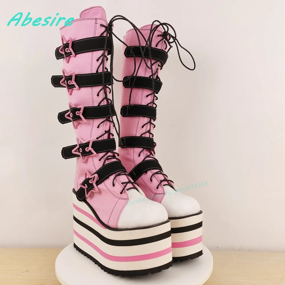 Star-Shaped Belt Buckle Knee High Boots Round Toe Platform Mixed Colors Women's Boots Cute Punk Zipper Patchwork Wedges Shoes
