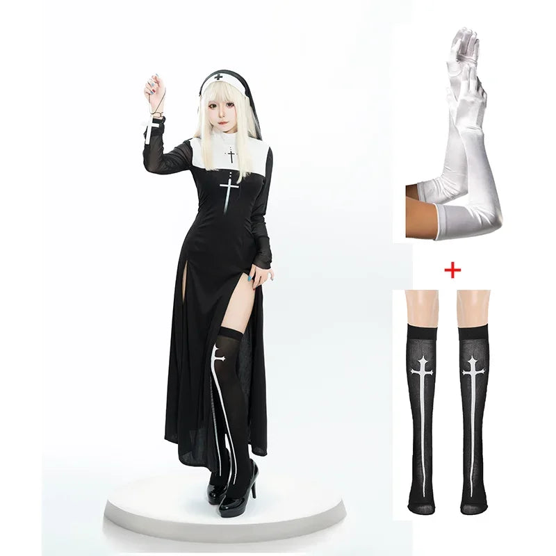 Adult Women Sexy Halloween Costume Anime Nun Cosplay Fancy Dress Gothic Robe Long Black Uniform Carnival Party Themed Events