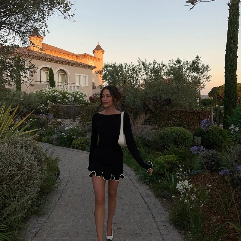 Women Fashion Solid Ruffles Hem Mini Dress Elegant Long Sleeve High Waist Slim Dresses 2025 Summer Vocation Street Vestidos SS69