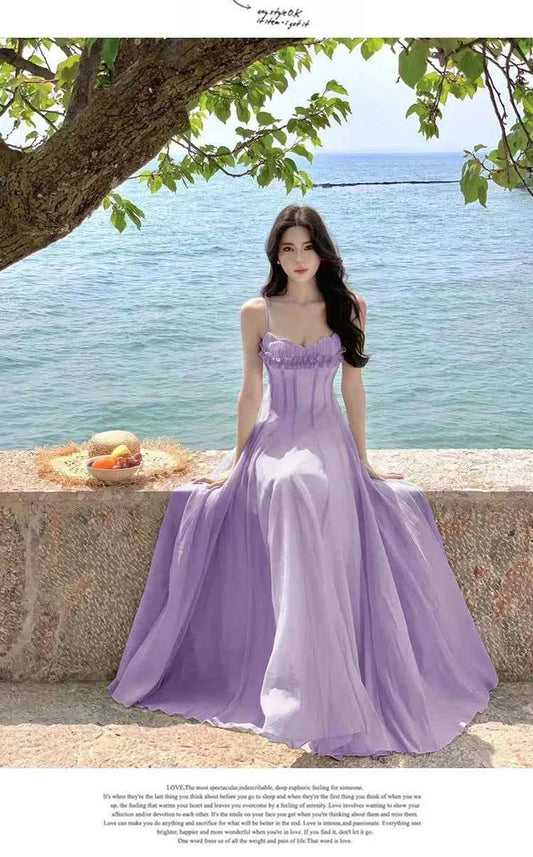 Summer Retro Purple Sexy Sleeveless Backless Ruffles Pleated Slip Dress French Women Green Elegant Party Evening Long Dress Chic