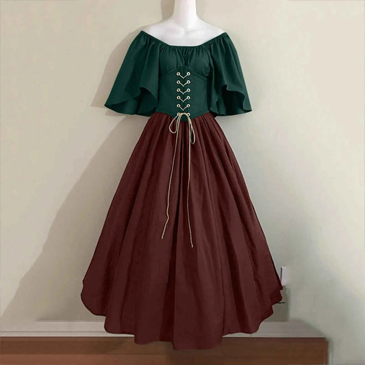 Halloween Costumes for Women Medieval Retro Contrasting Color Slim Swing Dress One-word Shoulder Dress Love Live Cosplay