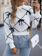 2026 Fashion Contrasting Bow Knitted Sweaters Autumn Winter Casual Round Neck Lantern Long Sleeve Tops for Woman Valentine's Day