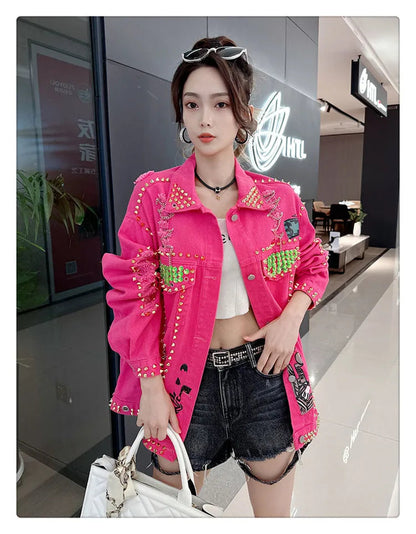 Women Graffiti Printed Rivets Denim Jacket Loose Holes Diamonds Jeans Coat Sequined Cowboy Ripped Streetwear Cardigan Ins Tops SS69