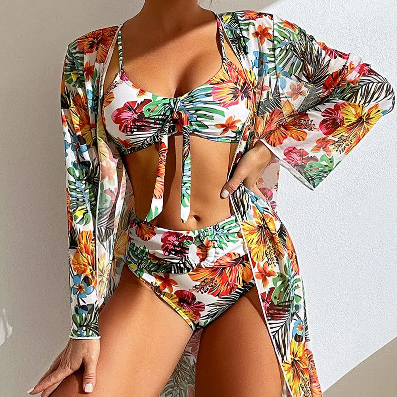 Size S-3XL Bikini Three Pieces Floral Printed Swimsuit Women Bikini Set With Mesh Long-Sleeved Blouse,Bra Top with Pad Swimwear SS69