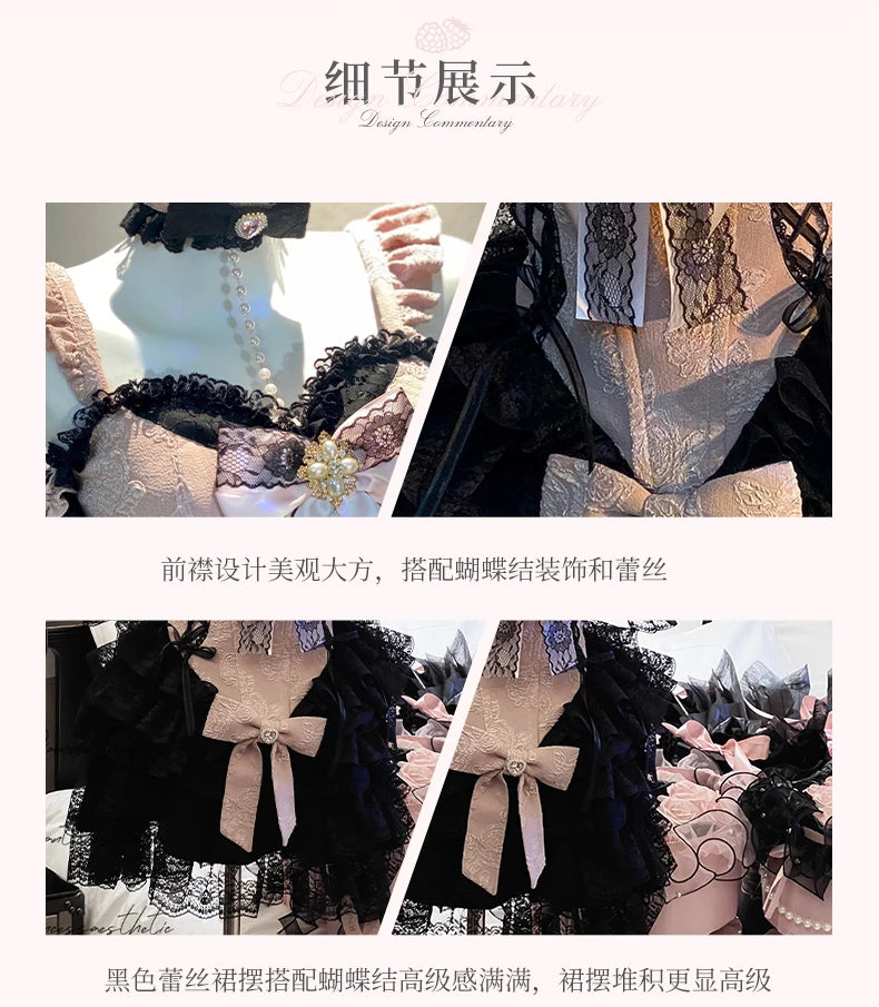 2024 New Spring Summer Ladies Exquisite Lace Skirt Suit Lolita Sweet Womens Black Pink Bow Tube Top Sling Short Cake Skirt Set SS69