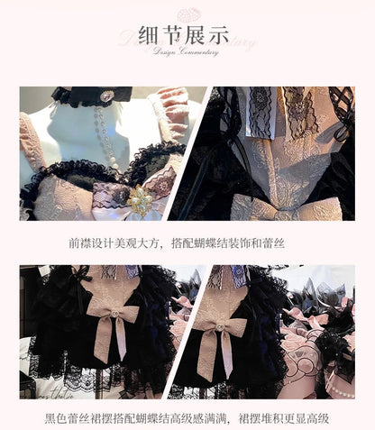 2024 New Spring Summer Ladies Exquisite Lace Skirt Suit Lolita Sweet Womens Black Pink Bow Tube Top Sling Short Cake Skirt Set SS69