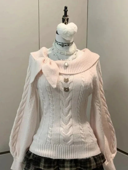 Winter Sweet Kawaii Patchwork Sweater Women Japanese Fashion Vintage Hot Girl Knitted Tops Y2k Elegant Cute Bow Pullover New