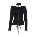 AltGoth Aesthetic Goth T-shirt Women Hotsweet Y2k E-girl 2000s Streetwear Lace Patchwork Square Collar Long Sleeve Crop Tee Tops - SS69