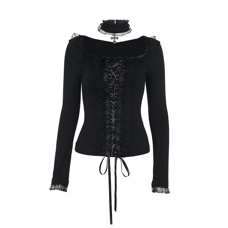 AltGoth Aesthetic Goth T-shirt Women Hotsweet Y2k E-girl 2000s Streetwear Lace Patchwork Square Collar Long Sleeve Crop Tee Tops - SS69