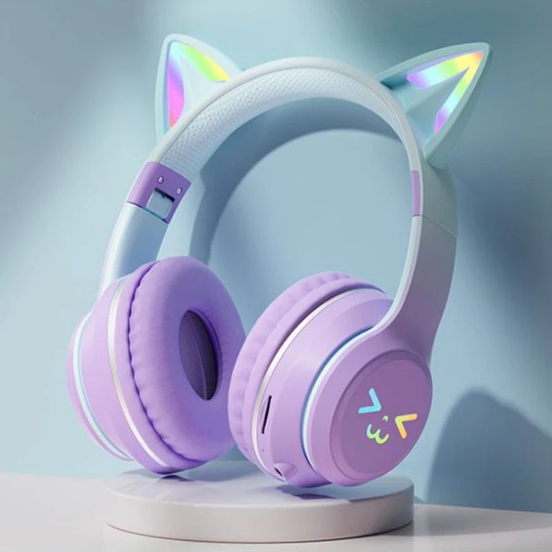 GUZMYYFC Cat Ear Wireless Bluetooth 5.1 Headset with RGB Lights and Mic