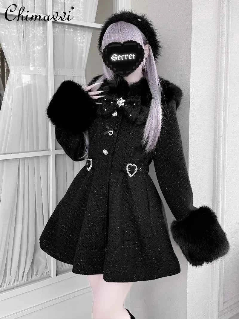 Original Japanese Mass-Produced Lace Jackets Girls Women Cute Bow Waist Cinch Heavy Drill Button Slim Fit Elegant Black Coat