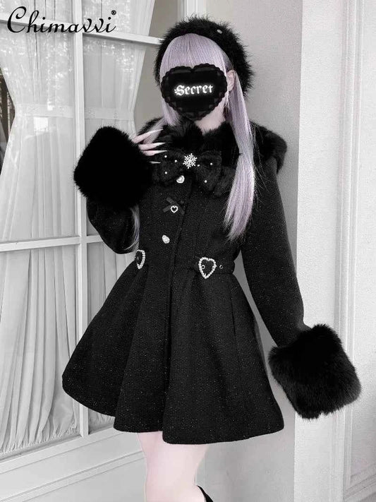 Original Japanese Mass-Produced Lace Jackets Girls Women Cute Bow Waist Cinch Heavy Drill Button Slim Fit Elegant Black Coat