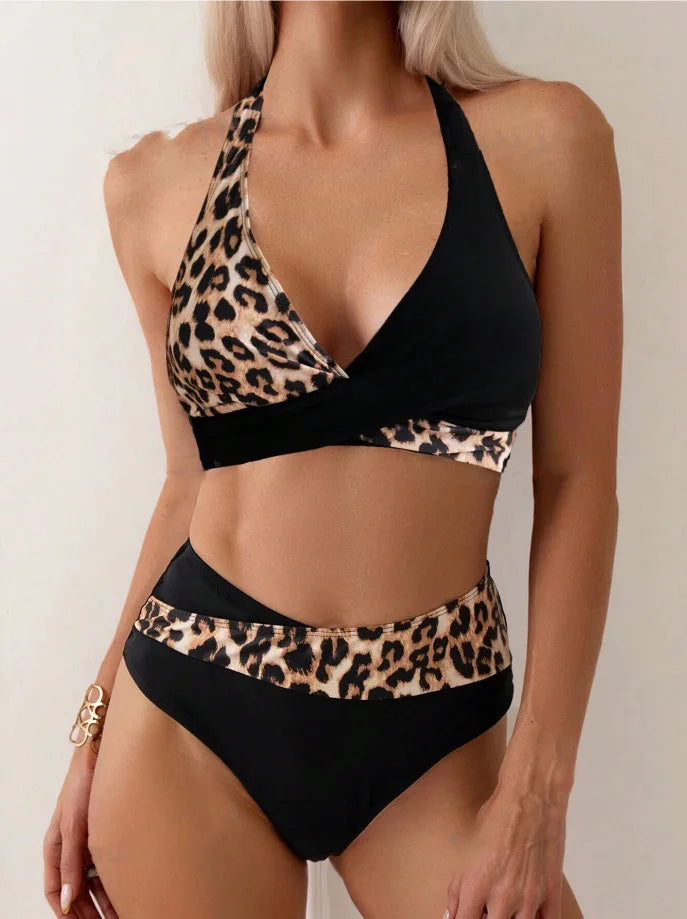 Sexy Leopard Laced Up Bikini 2 Piece Set Women Split Swimsuit High Waist Beach Style Bikini 2025 New Summer Swimwear Bikinis Set SS69
