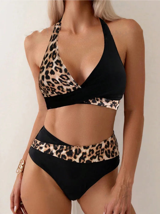 Sexy Leopard Laced Up Bikini 2 Piece Set Women Split Swimsuit High Waist Beach Style Bikini 2025 New Summer Swimwear Bikinis Set SS69