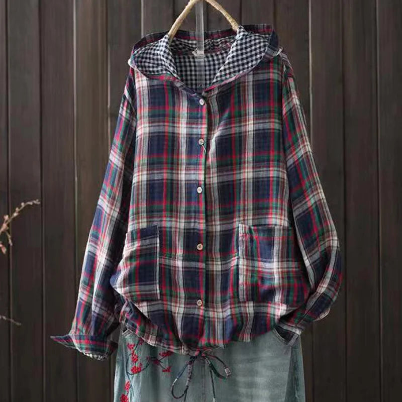 Large size blouses for women autumn spring hooded long sleeve single-breasted plaid shirts oversized shirt top female hoodies