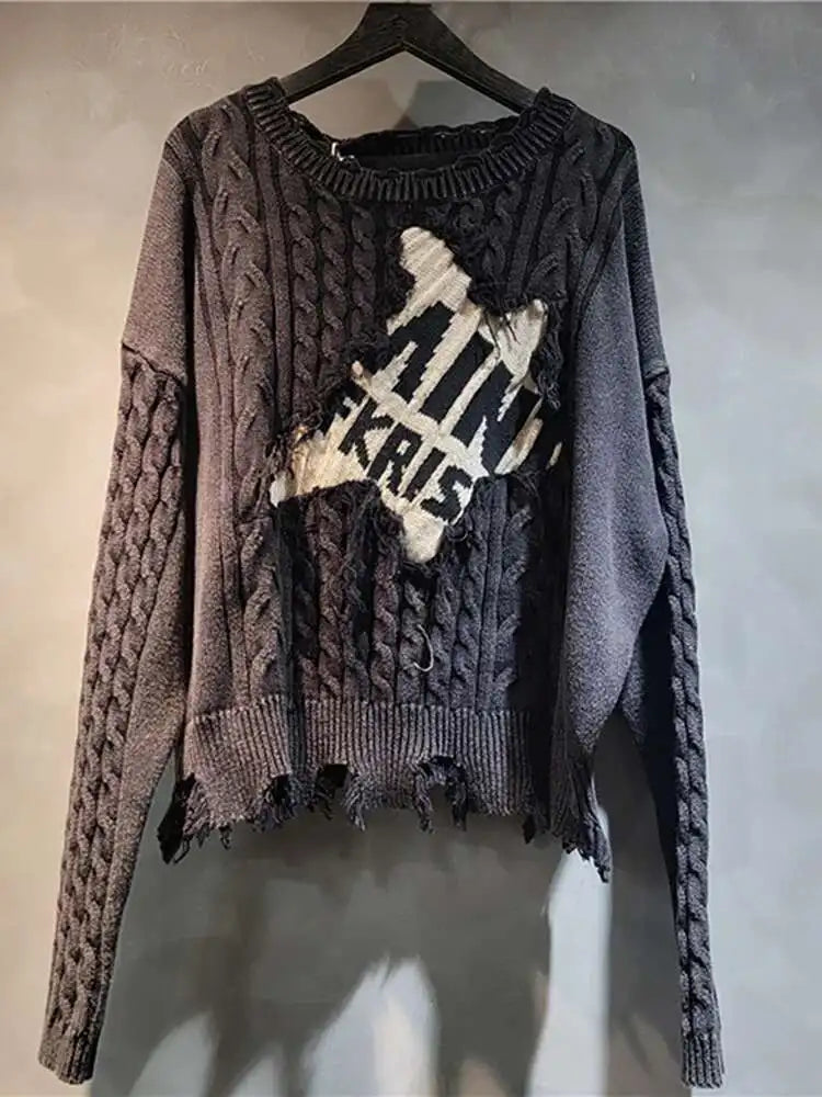 DEAT Women's Loose Knit Patchwork Lantern Sleeve Sweater