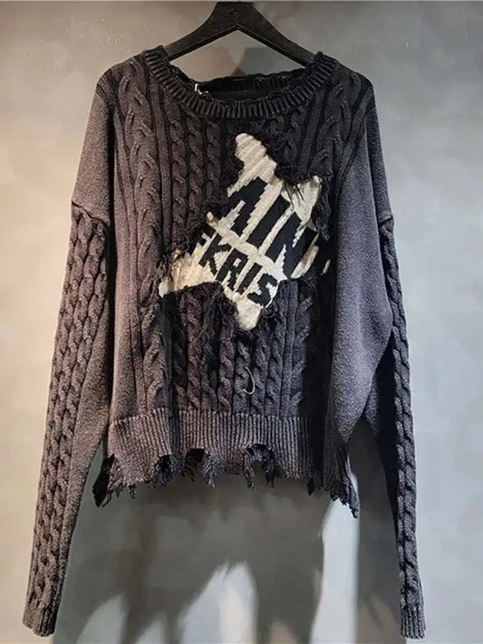DEAT Women's Loose Knit Sweater Long Lantern Sleeve Patchwork Pullover