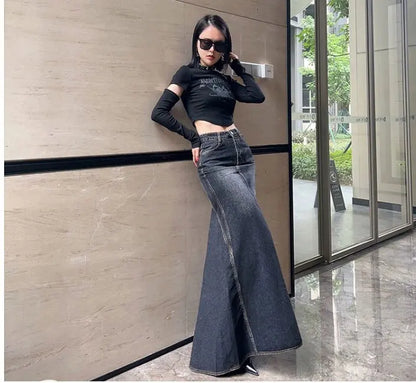 Maxi Skirt Women Casual Mermaid Streatwear High Waist Zipper Denim Skirts Y2k Streetwear Loose Long Mom Jeans Ankle Lenth Summer - SS69