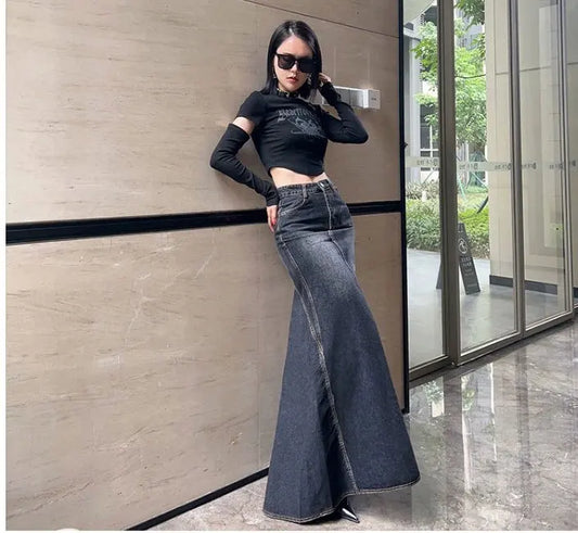 Maxi Skirt Women Casual Mermaid Streatwear High Waist Zipper Denim Skirts Y2k Streetwear Loose Long Mom Jeans Ankle Lenth Summer - SS69