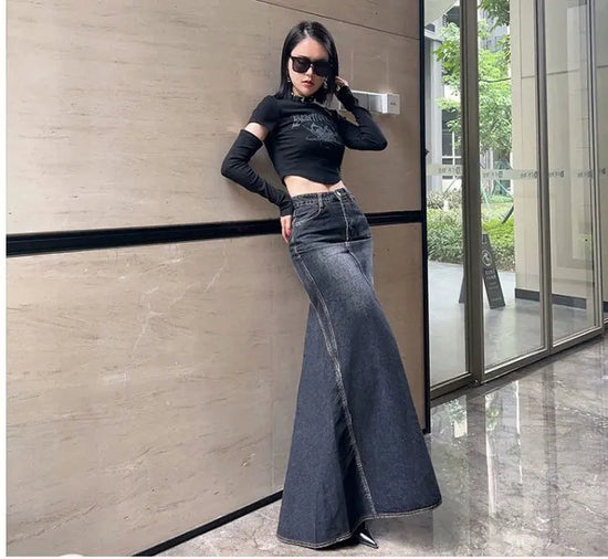 Maxi Skirt Women Casual Mermaid Streatwear High Waist Zipper Denim Skirts Y2k Streetwear Loose Long Mom Jeans Ankle Lenth Summer - SS69