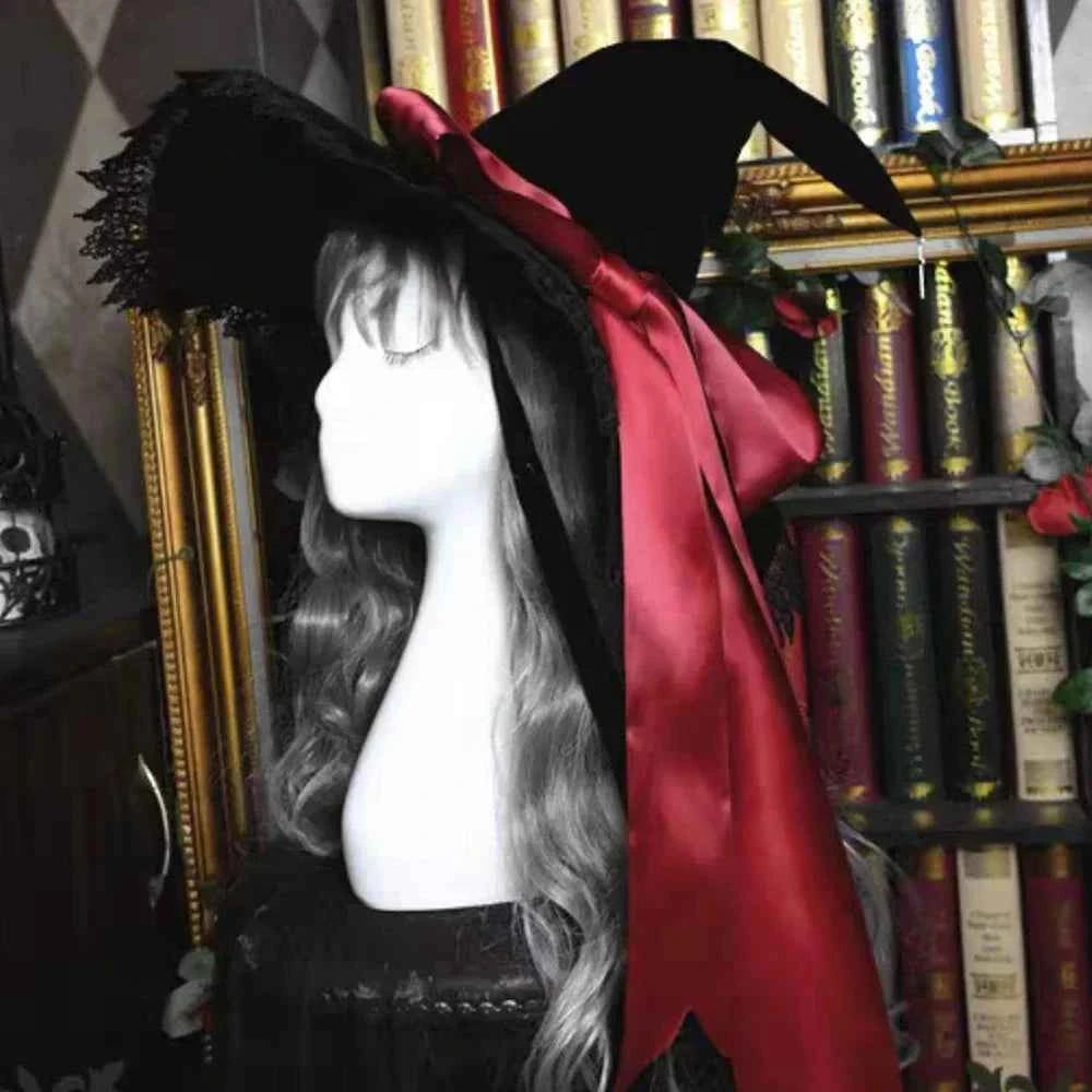 Handmade Lace Witch Pointed Hats Bandage Bow Wizard Hat Adult Gothic Lolita Cosplay Costume Halloween Party Bucket Hat