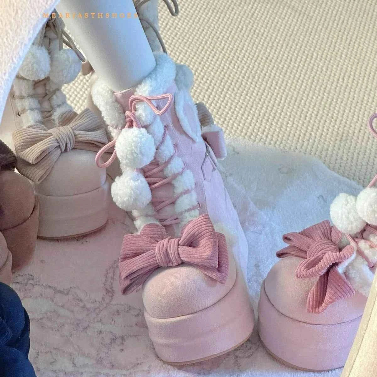 pink Sweet Winter Girls Lolita Mid-Calf Snow Boots,Cute Female Students Plush Warm Bowknots Lace Up Wedge Heel Heightening Shoes