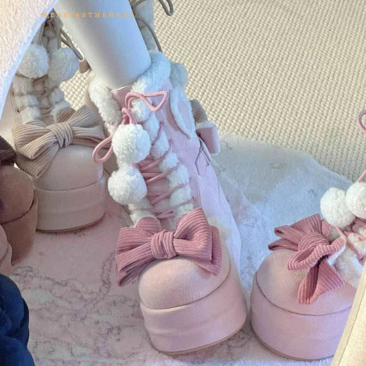 pink Sweet Winter Girls Lolita Mid-Calf Snow Boots,Cute Female Students Plush Warm Bowknots Lace Up Wedge Heel Heightening Shoes
