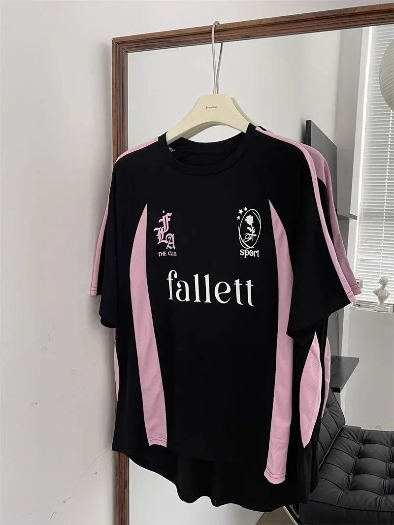 New Arriavl Korean Summer Black Pink Retro Patchwork 21 Jersey T-shirt Sports Breathable Short Sleeve Casual T-shirt for Women SS69 19.69 T29558 / XXL