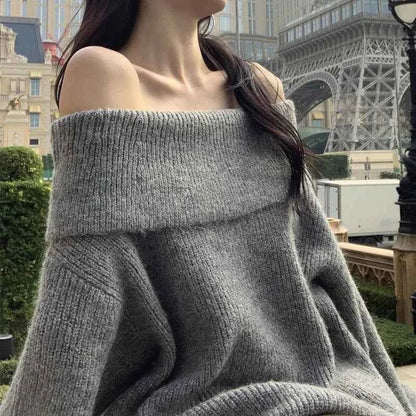 Off Shoulder Sweater for Women Comfy Knitted Top Long Sleeve Off-the-Shoulder Pullover Sweater Autumn Winter Elegant Fashion