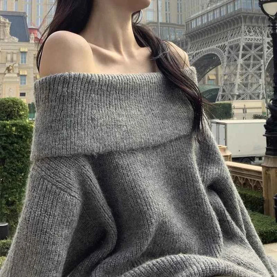 Off Shoulder Sweater for Women Comfy Knitted Top Long Sleeve Off-the-Shoulder Pullover Sweater Autumn Winter Elegant Fashion