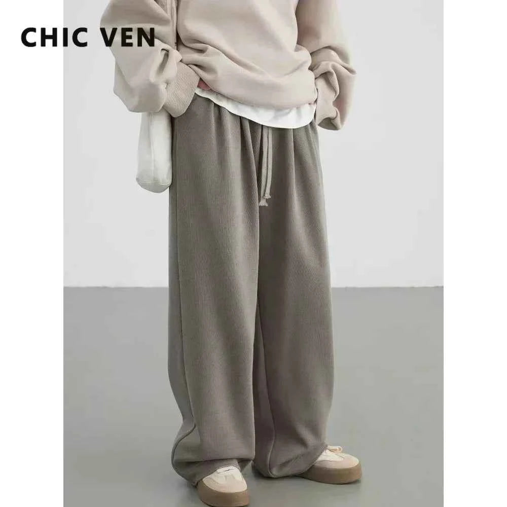 CHIC VEN Women's Pant Streetwear Solid Loose New Drawstring Sports Casual Trousers High Waisted Pants Autumn Winter 2025