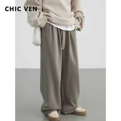 CHIC VEN Women's Pant Streetwear Solid Loose New Drawstring Sports Casual Trousers High Waisted Pants Autumn Winter 2025