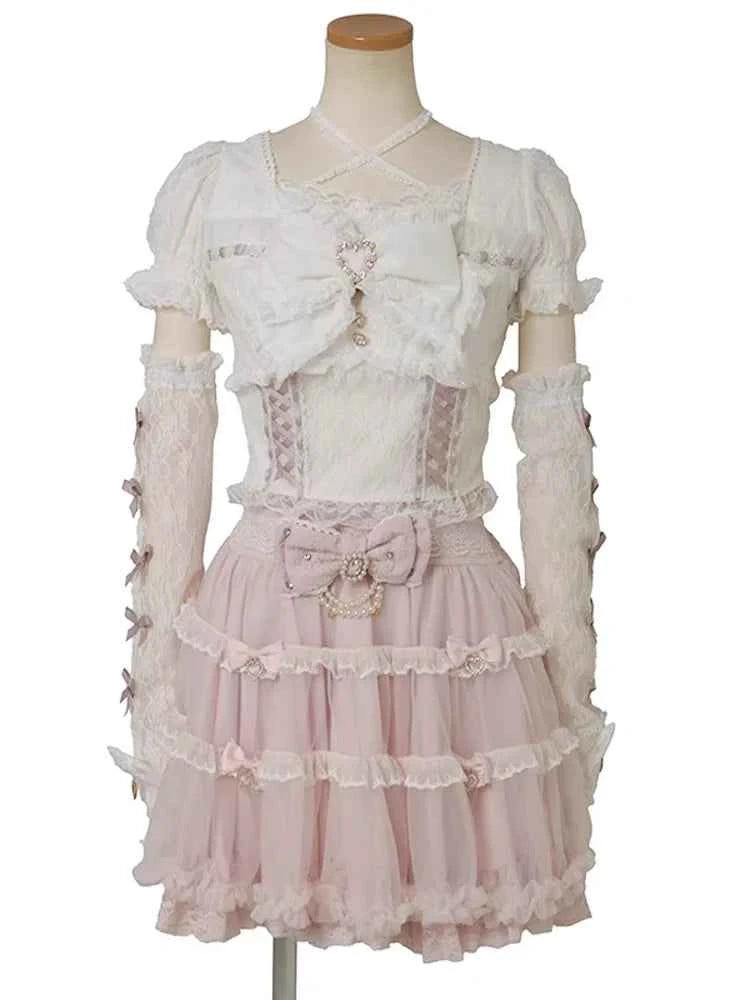 Japanese Sweet Heavy Industry Splicing Sleeve Strap Lace Bow Lace Shirt Summer Autumn New Elastic Slim Long-sleeve Tshirt Top