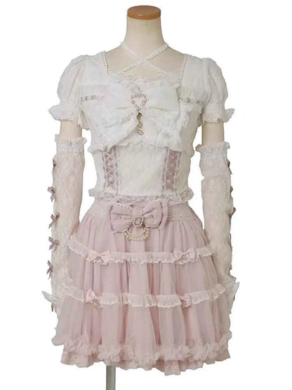 Japanese Sweet Heavy Industry Splicing Sleeve Strap Lace Bow Lace Shirt Summer Autumn New Elastic Slim Long-sleeve Tshirt Top