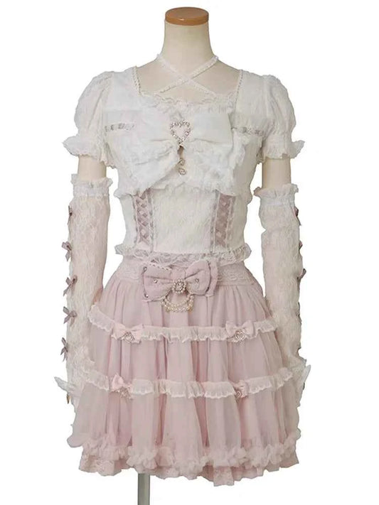 Japanese Sweet Heavy Industry Splicing Sleeve Strap Lace Bow Lace Shirt Summer Autumn New Elastic Slim Long-sleeve Tshirt Top
