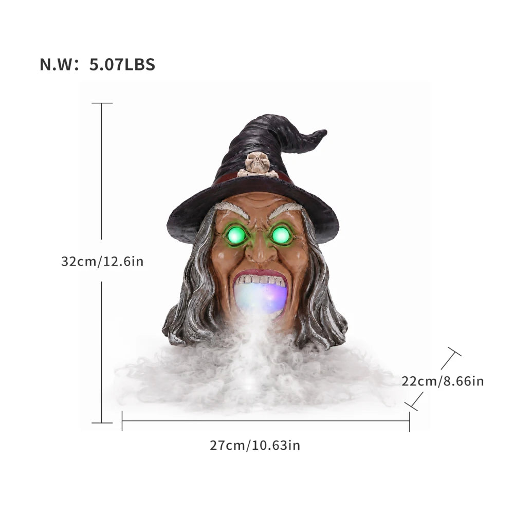 Halloween Witch Head Decor with LED Light and Mist Effect, Spooky Tabletop Decoration with Glowing Eyes